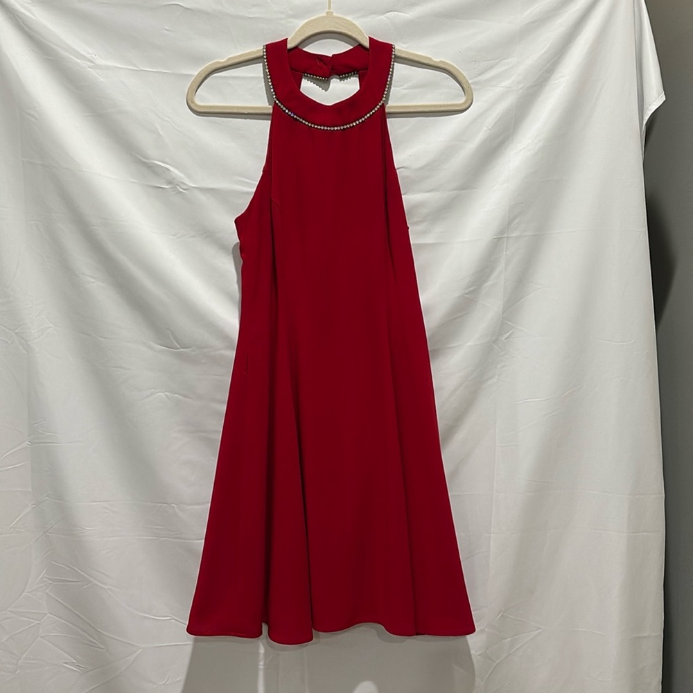 Beautiful CDC Evenings brand red flare dress with rhinestone neck!